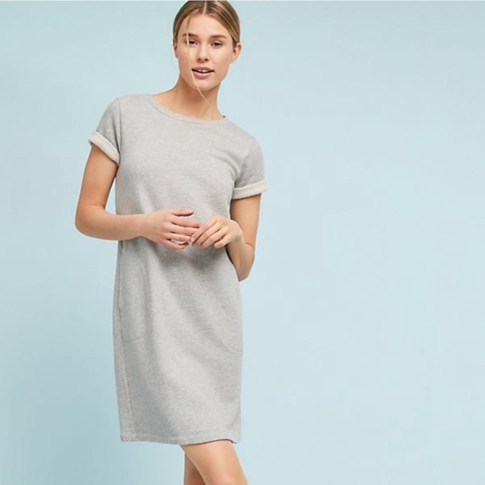 Anthropologie Women's Cloth & Stone Short Sleeve Gray Sweatshirt Tunic Dress L